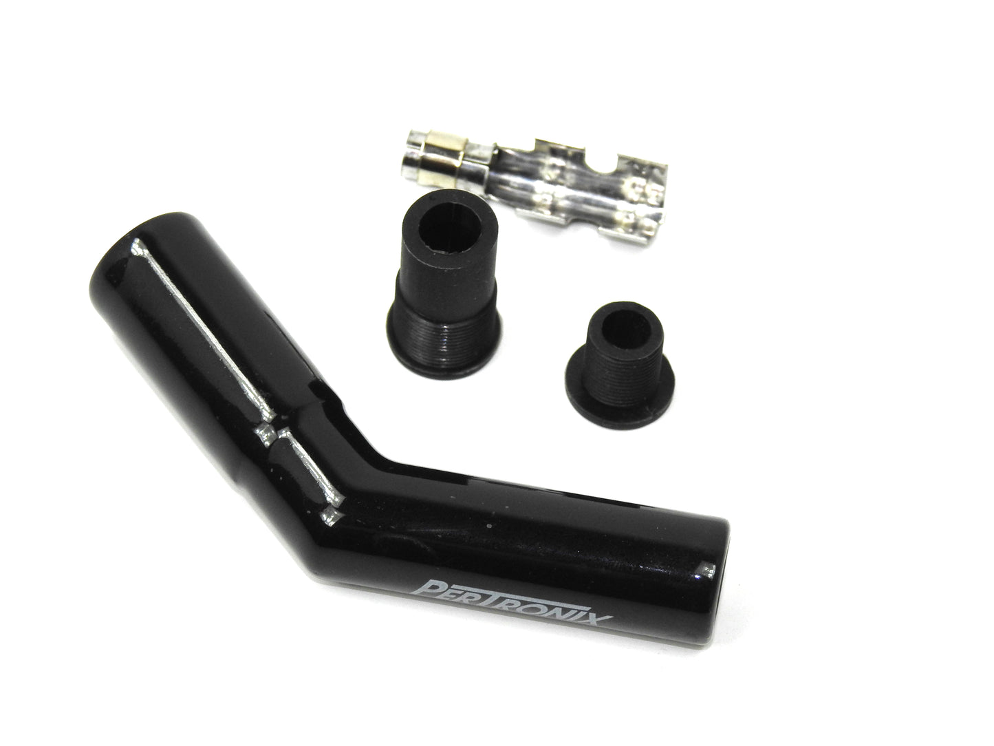 PerTronix 8563HT-1 Black Ceramic Spark Plug Boot 45 Degree includes silicone plug and wire bushings, stainless steel spark plug terminals and high temp ceramic boot
