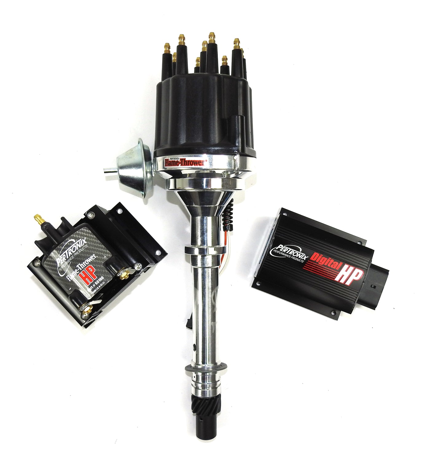 Pertronix BundleHP01 Ignition Kit consists of Digital HP Ignition Box Black, Chevy SB/BB Mag Trigger Billet Distributor Black Male Cap, HP E-core 50,000 volt .02 Ohms Coil