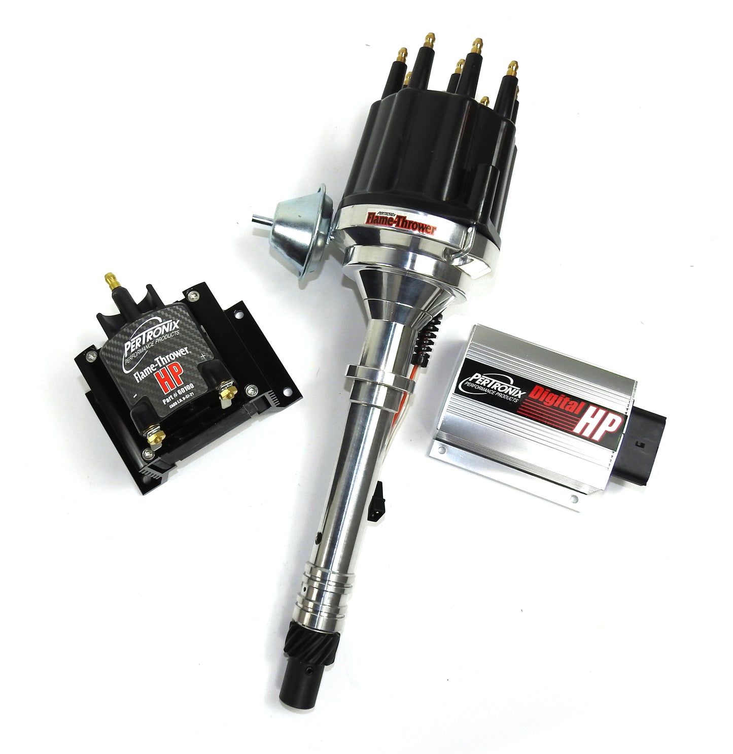 Pertronix BundleHP02 Ignition Kit consists of Digital HP Ignition Box Silver, Chevy SB/BB Mag Trigger Billet Distributor Black Male Cap, HP E-core 50,000 volt .02 Ohms Coil