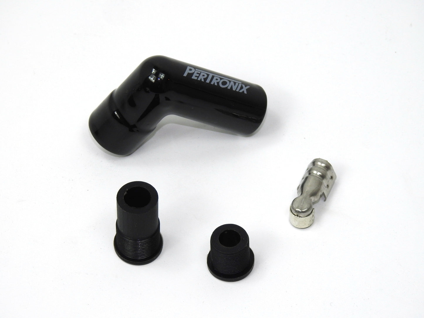 PerTronix 8561HT-8 Black Ceramic Spark Plug Boot 90 Degree Set of 8 includes silicone plug and wire bushings, stainless steel spark plug terminals and high temp ceramic boots
