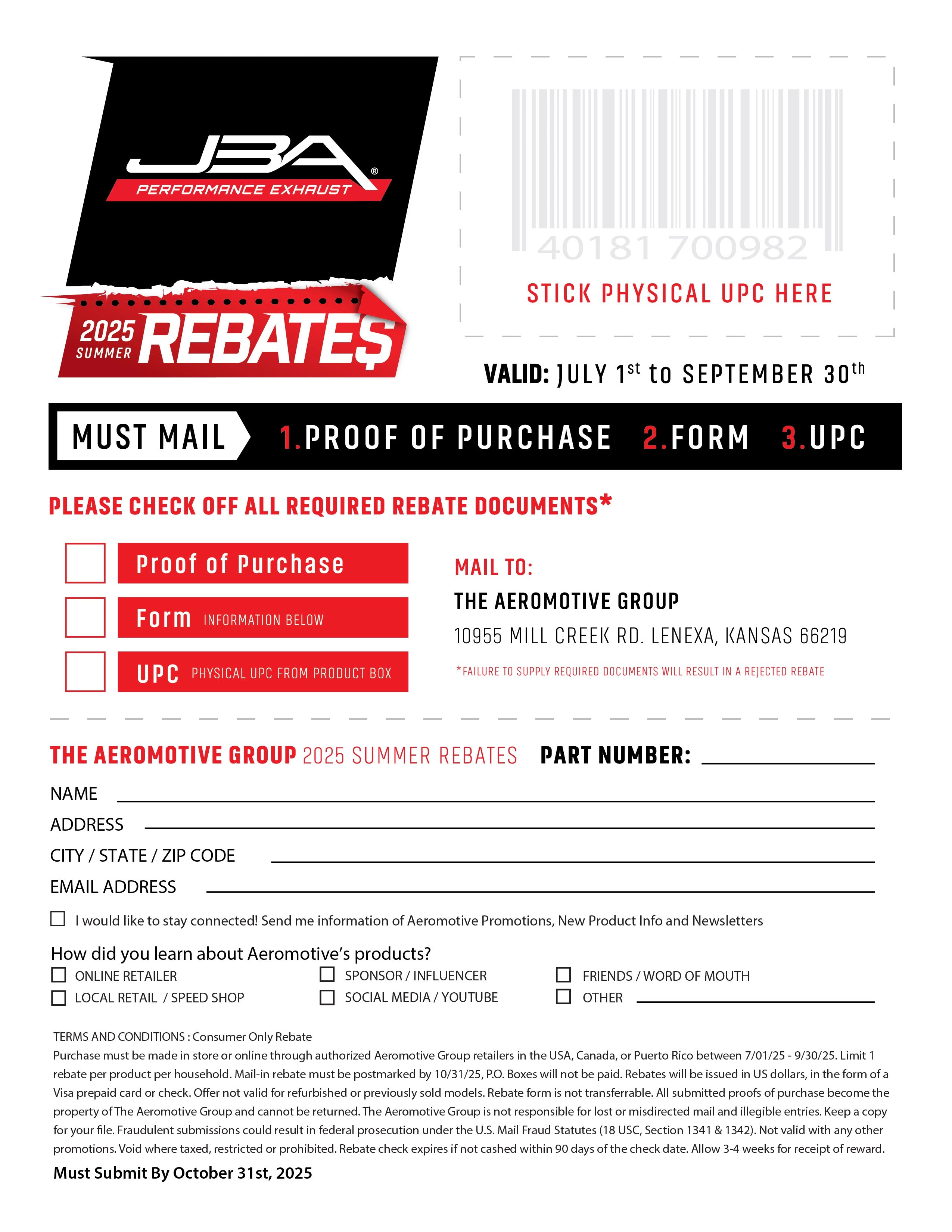 JBA Performance Exhaust Mail-In Rebate Form
