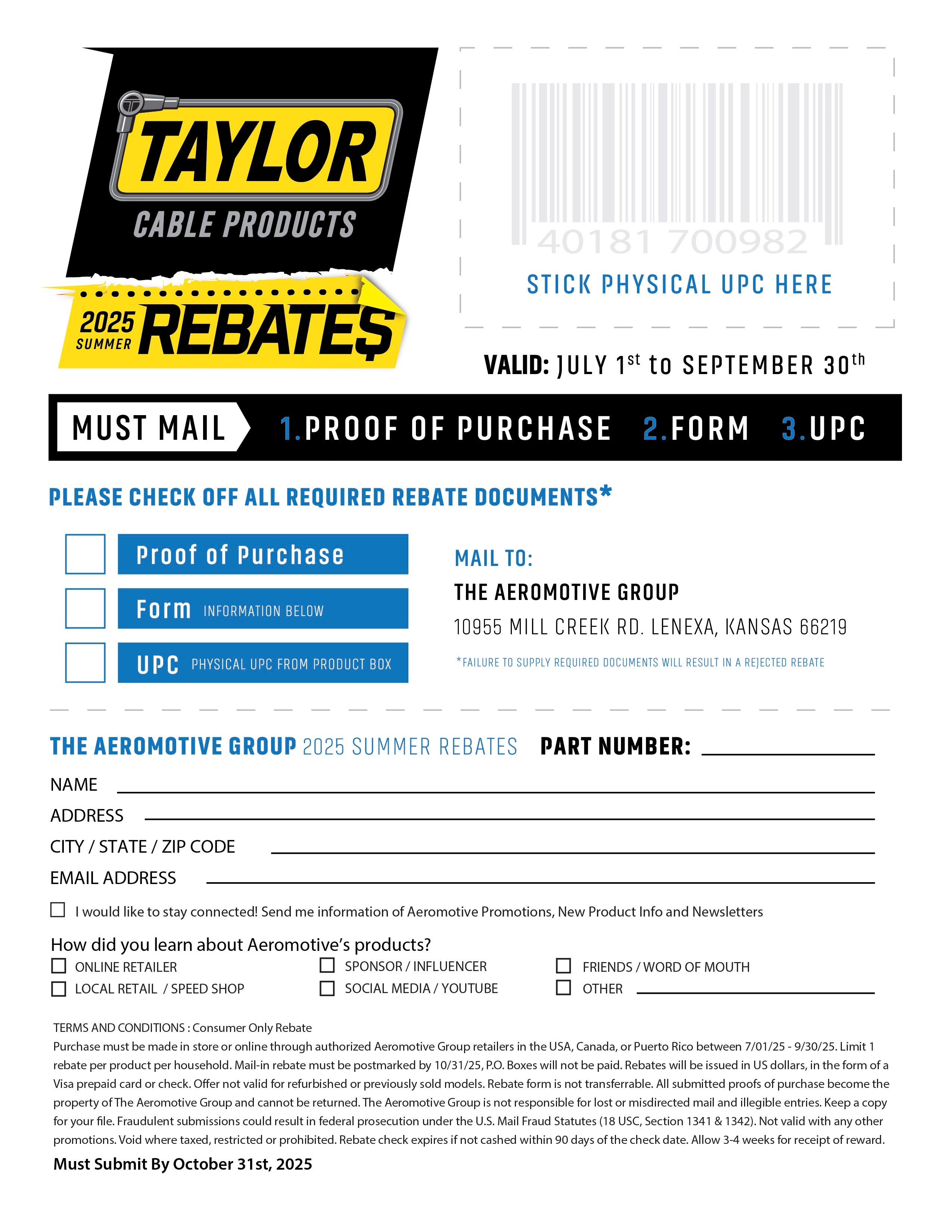 Taylor Cable Mail-In Rebate Form