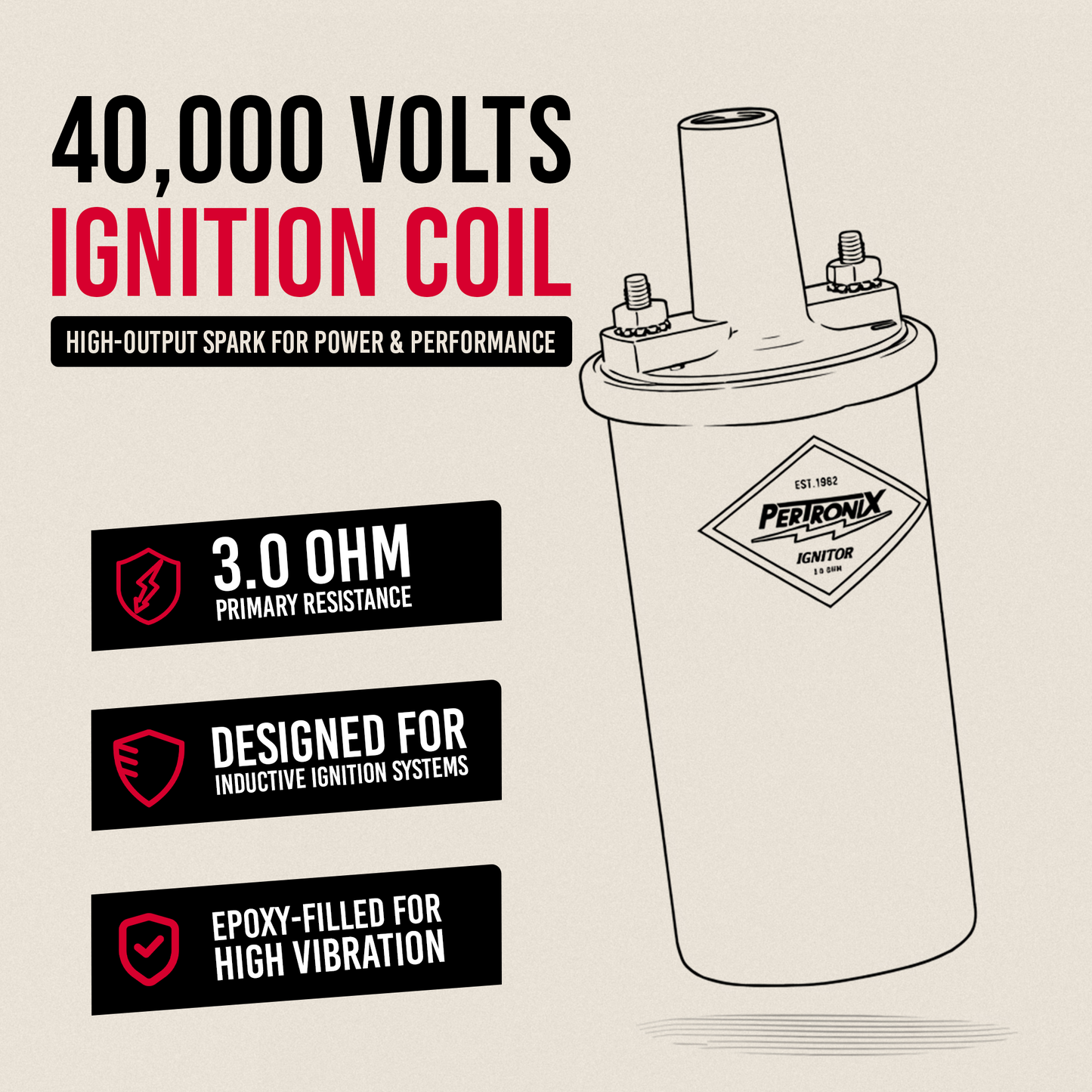 PerTronix 40611 Ignitor Epoxy Filled 40,000 Volt Ignition Coil with 3.0 Ohms Resistance in Black