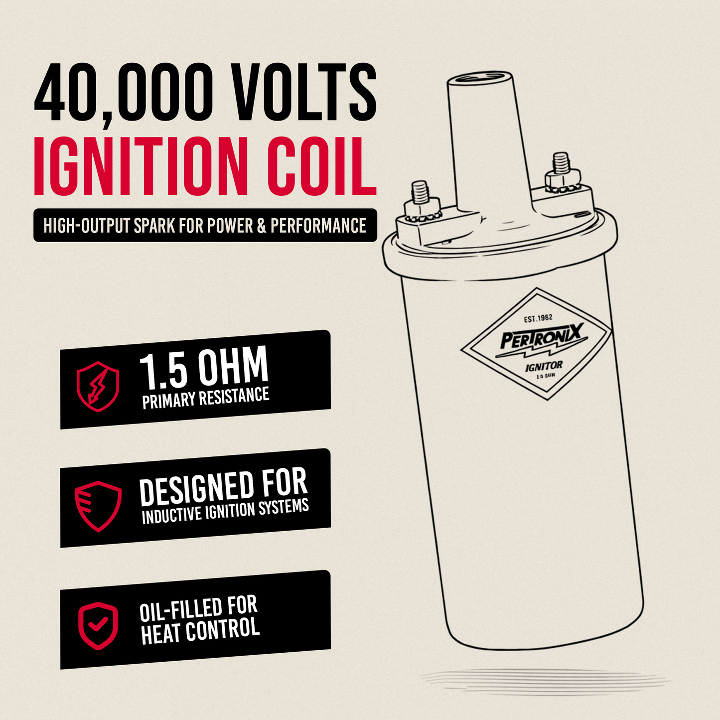 PerTronix 40011 Ignitor Oil Filled 40,000 Volt Ignition Coil with 1.5 Ohms Resistance in Black