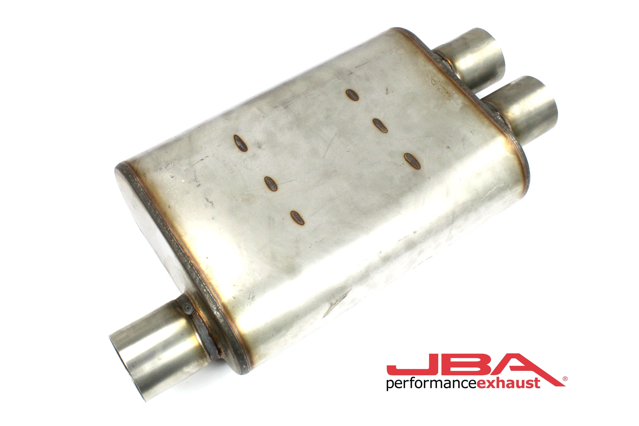 JBA Performance Exhaust 40-251302 "Universal" Chambered Style 304SS Muffler 13"x9.75"x4" 2.5" Inlet Diameter Offset/2.5" Dual Outlet