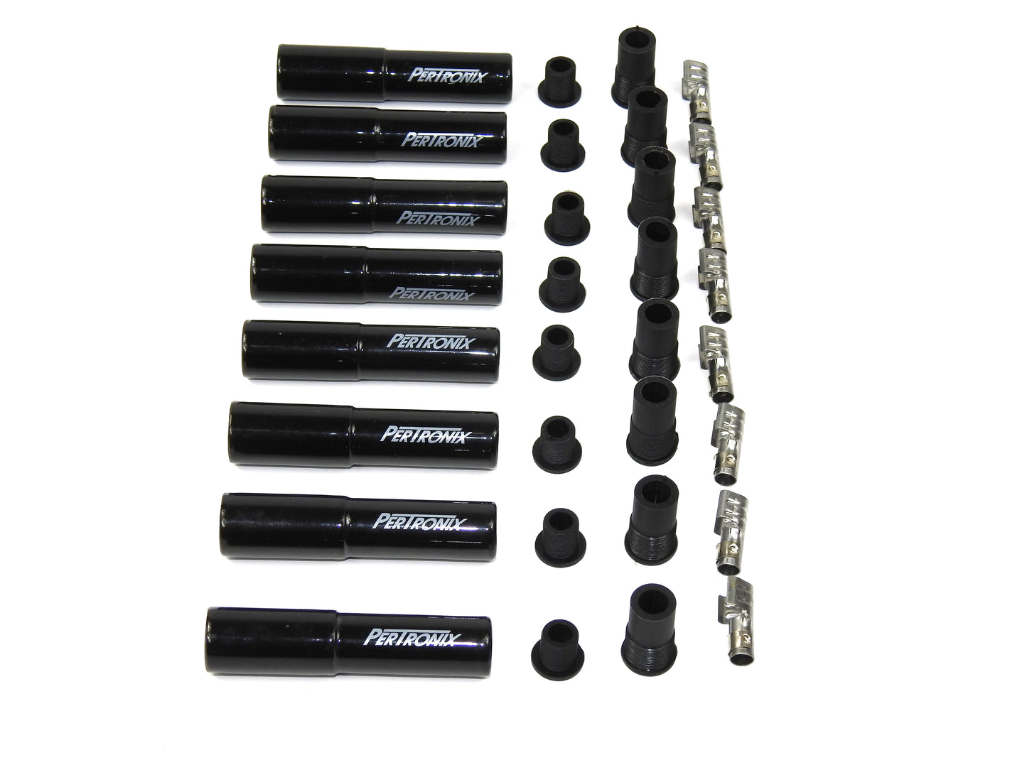 PerTronix 8562HT-8 Black Ceramic Spark Plug Boot Straight Set of 8 includes silicone plug and wire bushings, stainless steel spark plug terminals and high temp ceramic boots