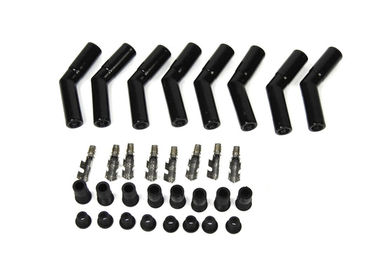 PerTronix 8563HT-8 Black Ceramic Spark Plug 45 Degree Boot Set of 8 includes silicone plug and wire bushings, stainless steel spark plug terminals and high temp ceramic boots