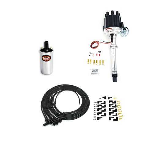 Pertronix Bundle001 Ignition Kit includes Chevy SB/BB Billet Plug n Play Distributor with Black Female Cap, Flame-Thrower II Chrome Coil, Flame-Thrower MAGx2 Universal Black Spark Plug Wires with 90 degree plug boot ends