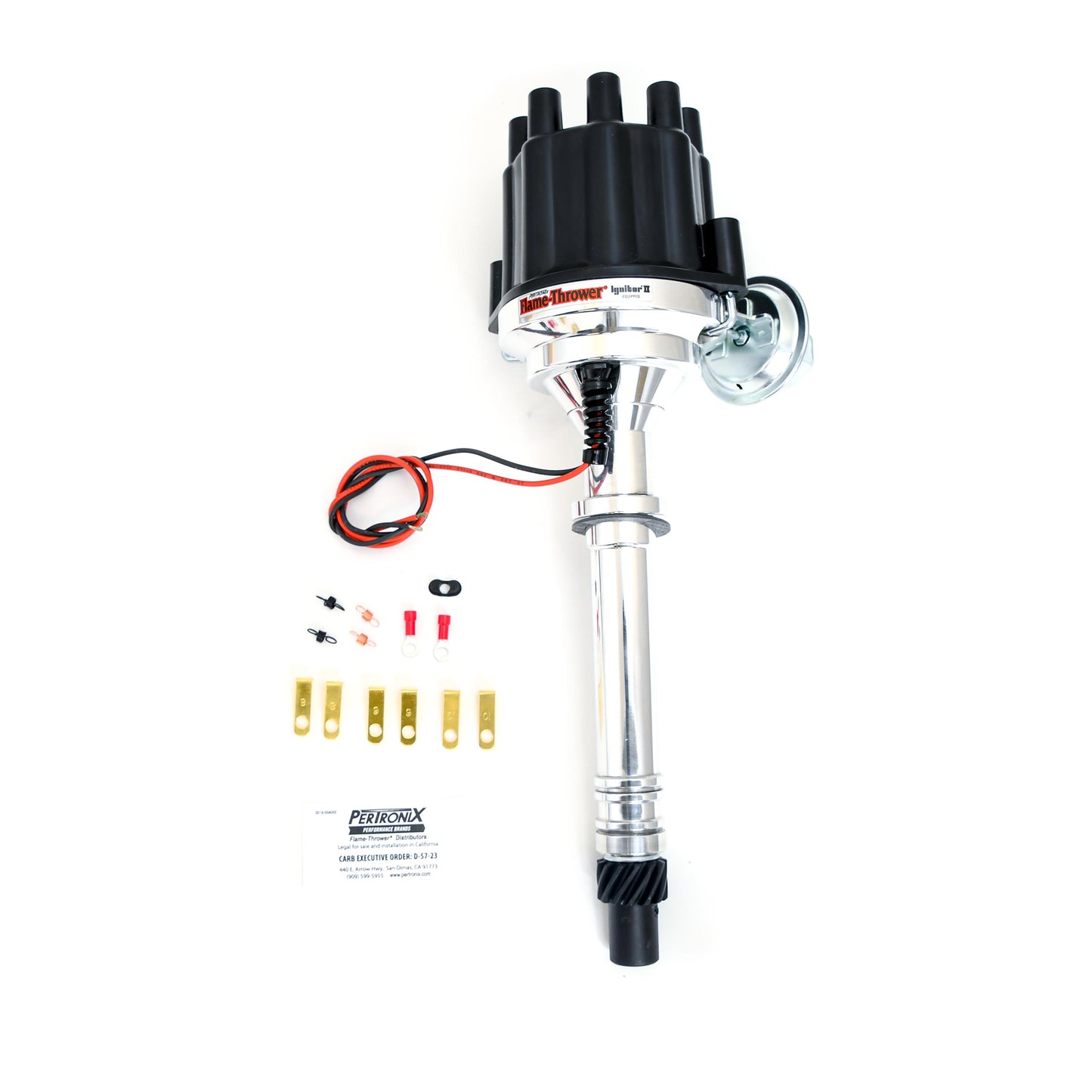 Pertronix Bundle001 Ignition Kit includes Chevy SB/BB Billet Plug n Play Distributor with Black Female Cap, Flame-Thrower II Chrome Coil, Flame-Thrower MAGx2 Universal Black Spark Plug Wires with 90 degree plug boot ends