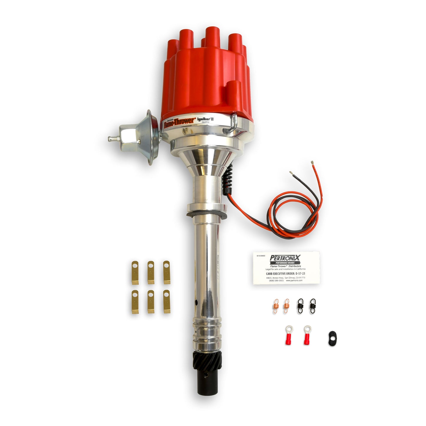 PerTronix D100701 Flame-Thrower Electronic Distributor Billet Chevrolet Small Block/Big Block Plug and Play with Ignitor II Technology Vacuum Advance Red Cap