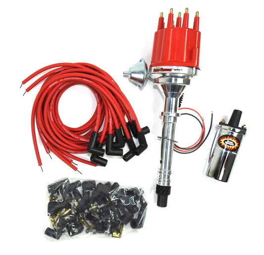 Pertronix Bundle002 Ignition Kit includes Chevy SB/BB Billet Plug n Play Distributor with Red Mail Cap, Flame-Thrower II Chrome Coil, Flame-Thrower MAGx2 Universal Red Spark Plug Wires with 90 degree plug boot ends