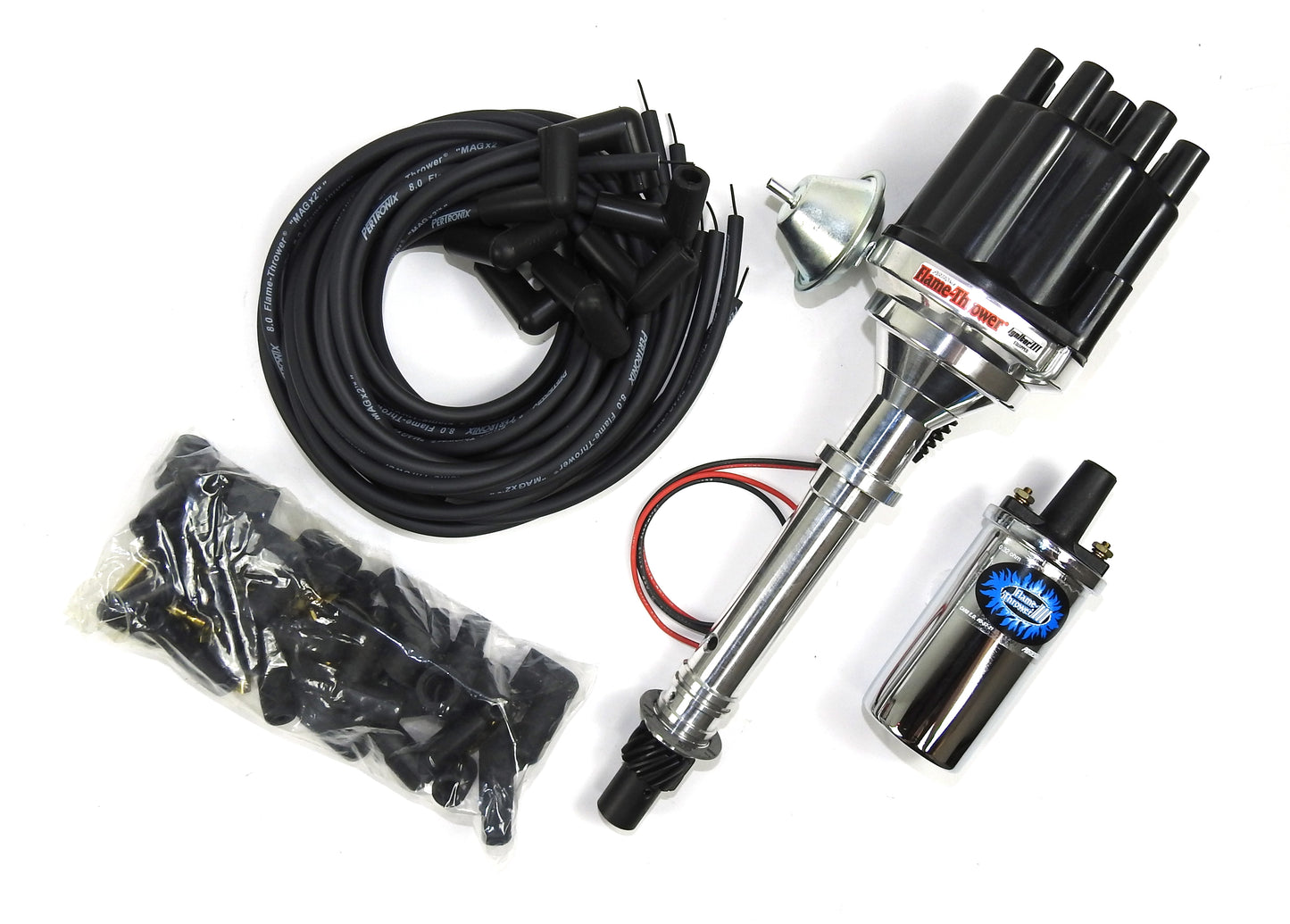 Pertronix Bundle003 Ignition Kit includes Chevy SB/BB Billet Plug n Play Ignitor 3 Distributor with Black Female Cap, Flame-Thrower III Chrome Coil, Flame-Thrower MAGx2 Universal Black Spark Plug Wires with 90 degree plug boot ends