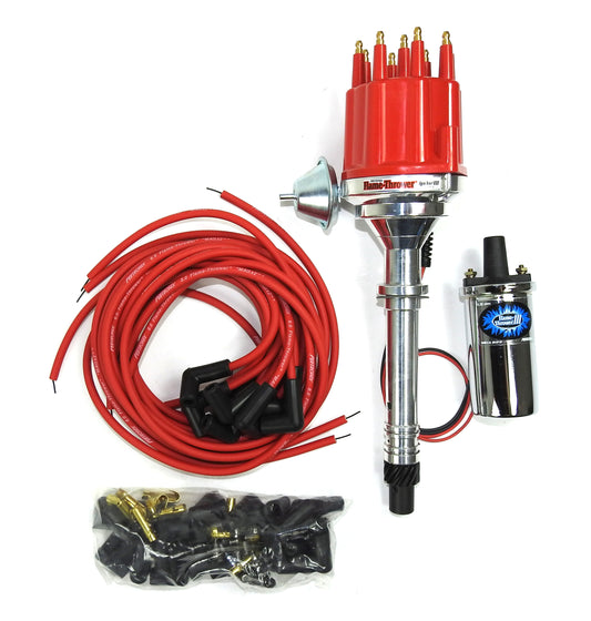 Pertronix Bundle004 Ignition Kit includes Chevy SB/BB Billet Plug n Play Ignitor III Distributor with Red Male Cap, Flame-Thrower III Chrome Coil, Flame-Thrower MAGx2 Universal Red Spark Plug Wires with 90 degree plug boot ends