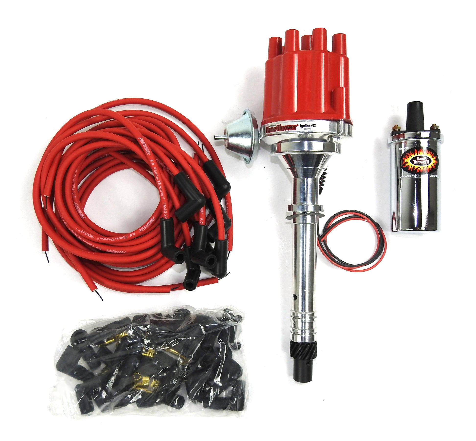 Pertronix Bundle005 Ignition Kit includes Chevy SB/BB Billet Plug n Play Distributor with Red Female Cap, Flame-Thrower II Chrome Coil, Flame-Thrower MAGx2 Universal Red Spark Plug Wires with 90 degree plug boot ends