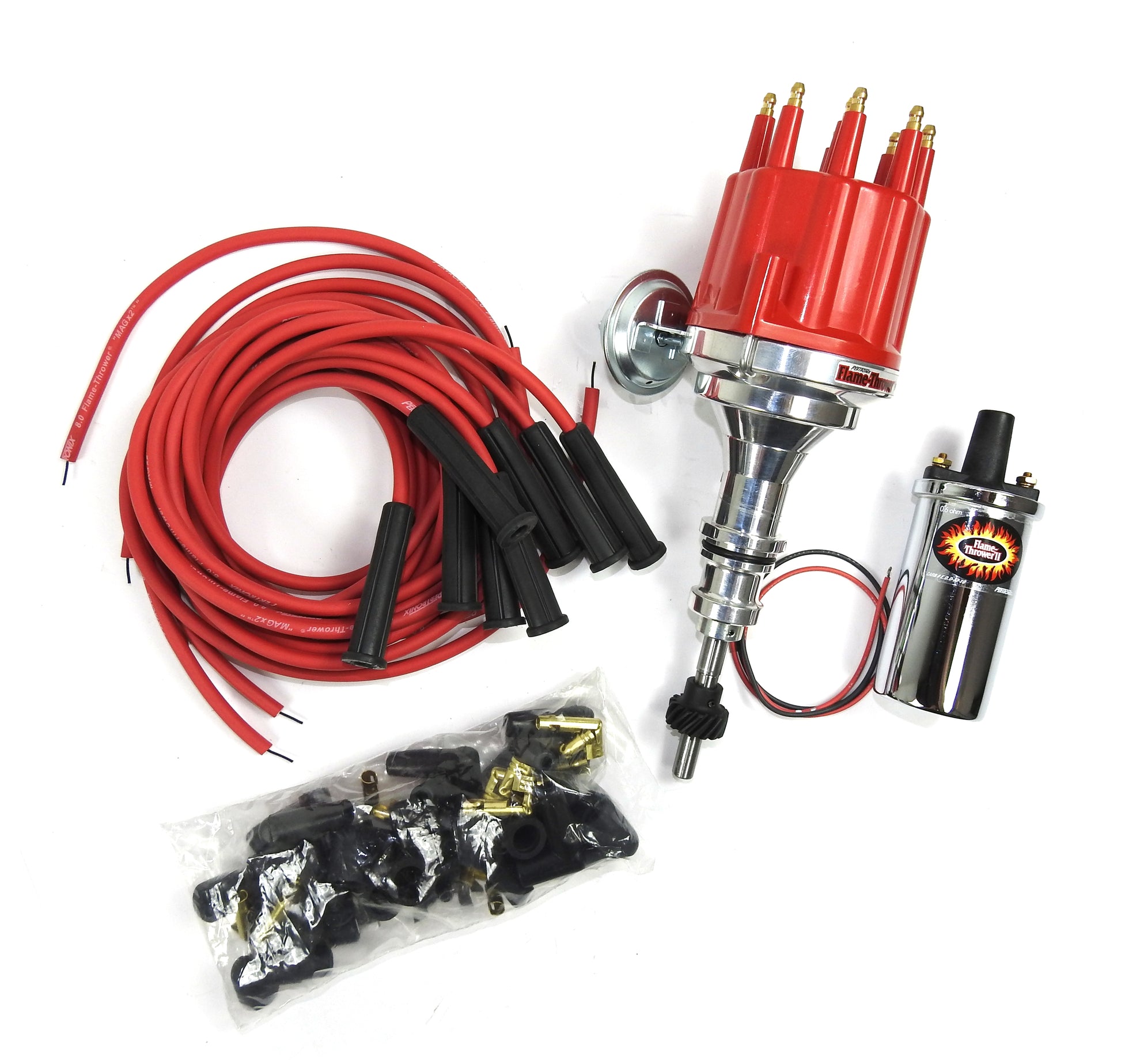 Pertronix Bundle007 Ignition Kit includes Ford SB Billet Plug n Play Distributor with Red Male Cap, Flame-Thrower II Chrome Coil, Flame-Thrower MAGx2 Universal Red Spark Plug Wires with 180 degree plug boot ends