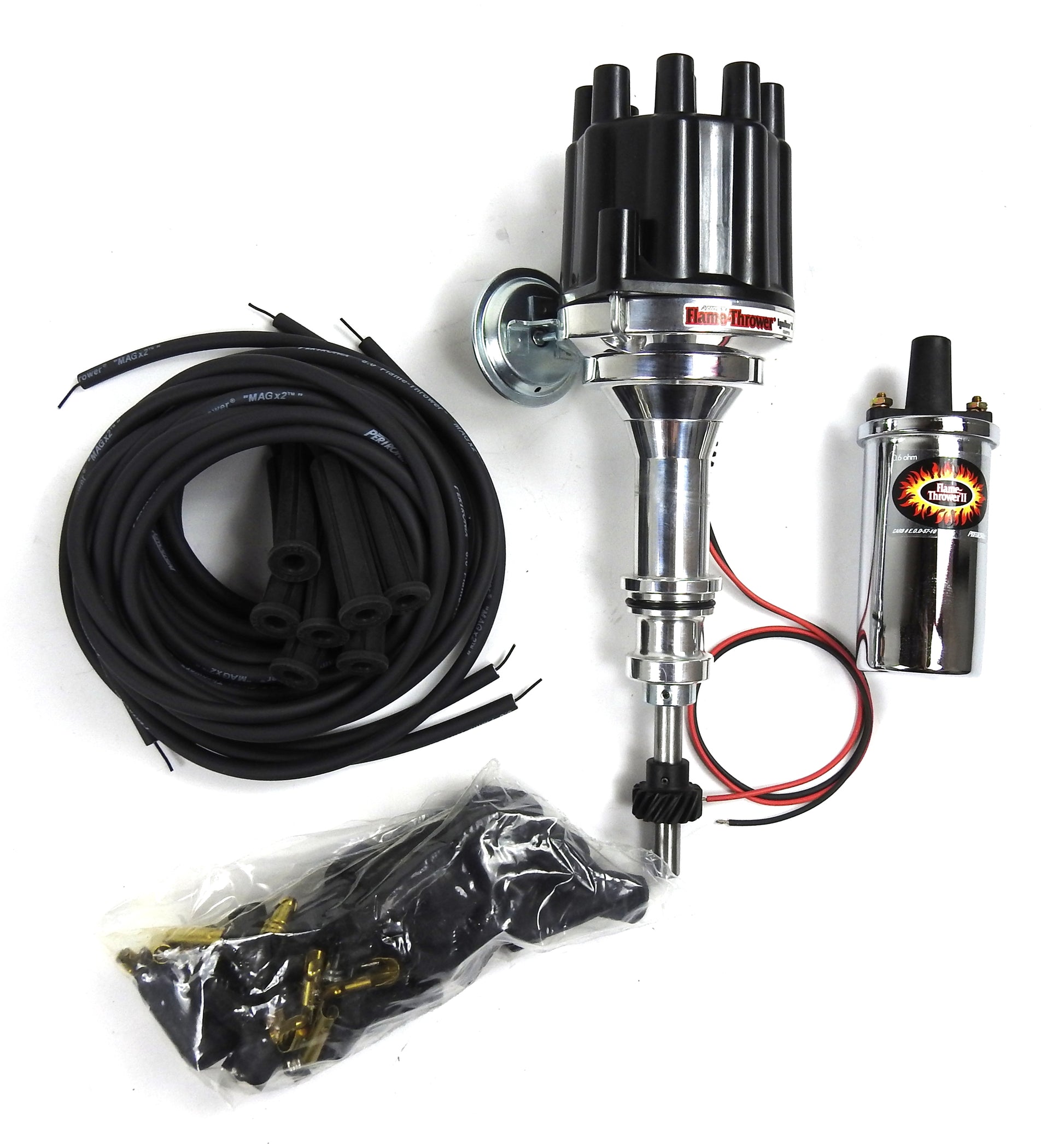 Pertronix Bundle008 Ignition Kit includes Ford 351W Billet Plug n Play Distributor with Black Female Cap, Flame-Thrower II Chrome Coil, Flame-Thrower MAGx2 Universal Black Spark Plug Wires with 180 degree plug boot ends