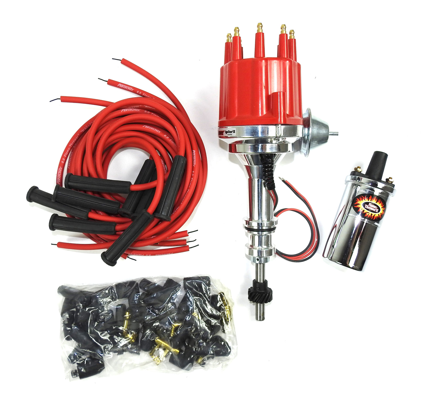 Pertronix Bundle009 Ignition Kit includes Ford 351W Billet Plug n Play Distributor with Red Male Cap, Flame-Thrower II Chrome Coil, Flame-Thrower MAGx2 Universal Red Spark Plug Wires with 180 degree plug boot ends