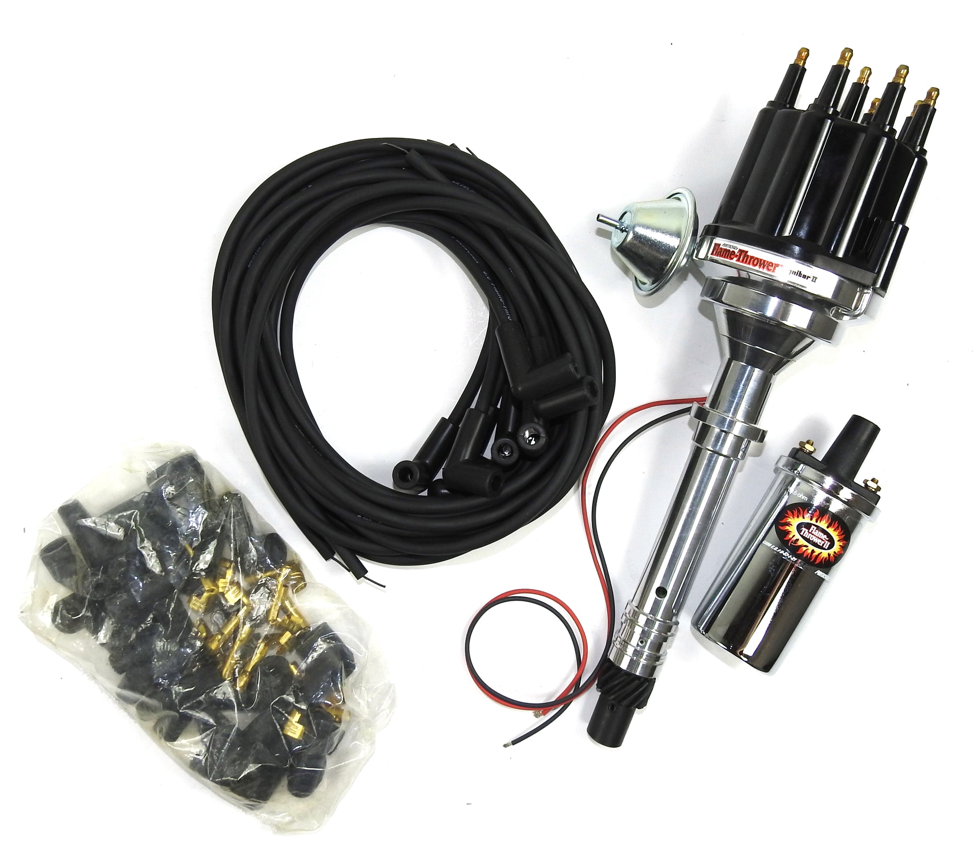 Pertronix Bundle010 Ignition Kit includes Chevy SB/BB Billet Plug n Play Distributor with Black Male Cap, Flame-Thrower II Chrome Coil, Flame-Thrower MAGx2 Universal Black Spark Plug Wires with 90 degree plug boot ends