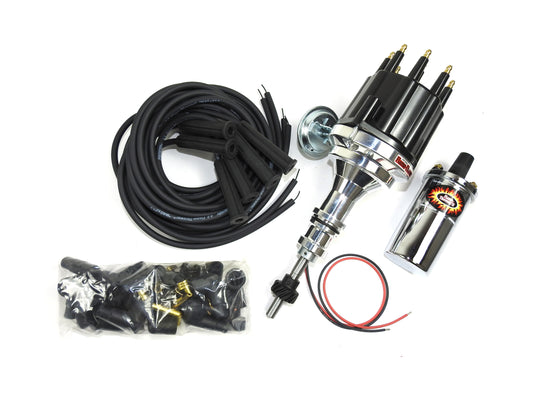 Pertronix Bundle011 Ignition Kit includes Ford SB Billet Plug n Play Distributor with Black Male Cap, Flame-Thrower II Chrome Coil, Flame-Thrower MAGx2 Universal Black Spark Plug Wires with 180 degree plug boot ends
