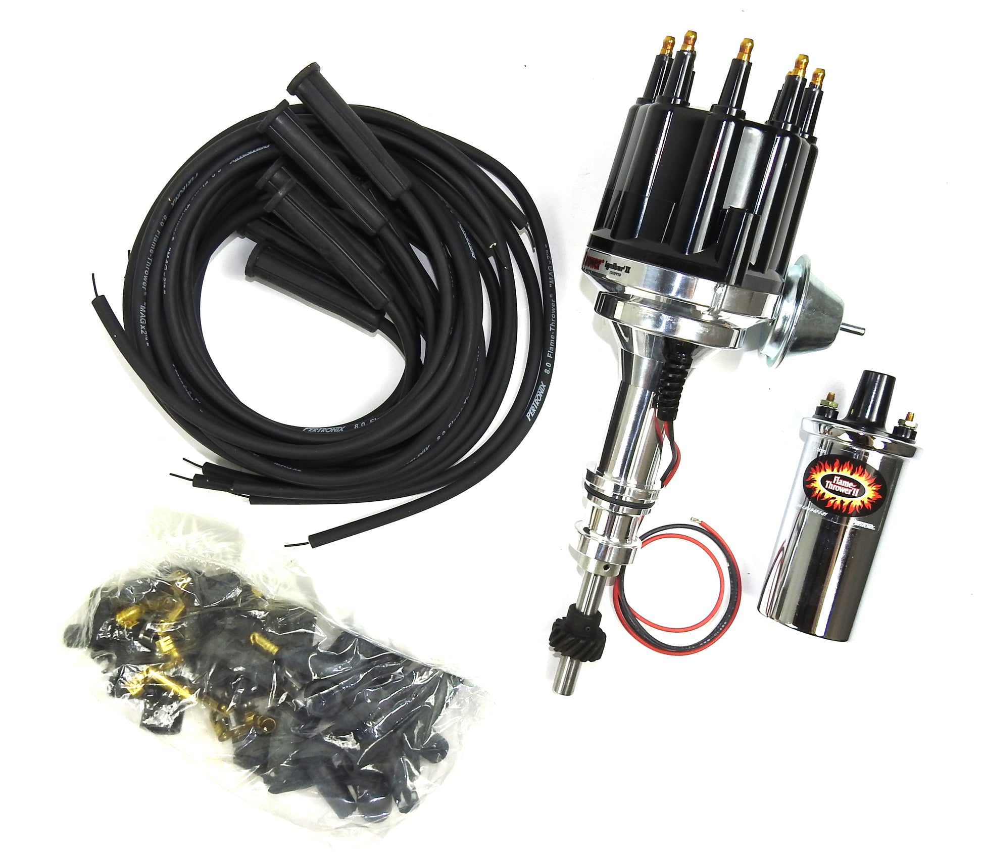 Pertronix Bundle012 Ignition Kit includes Ford 351W Billet Plug n Play Distributor with Black Male Cap, Flame-Thrower II Chrome Coil, Flame-Thrower MAGx2 Universal Black Spark Plug Wires with 180 degree plug boot ends
