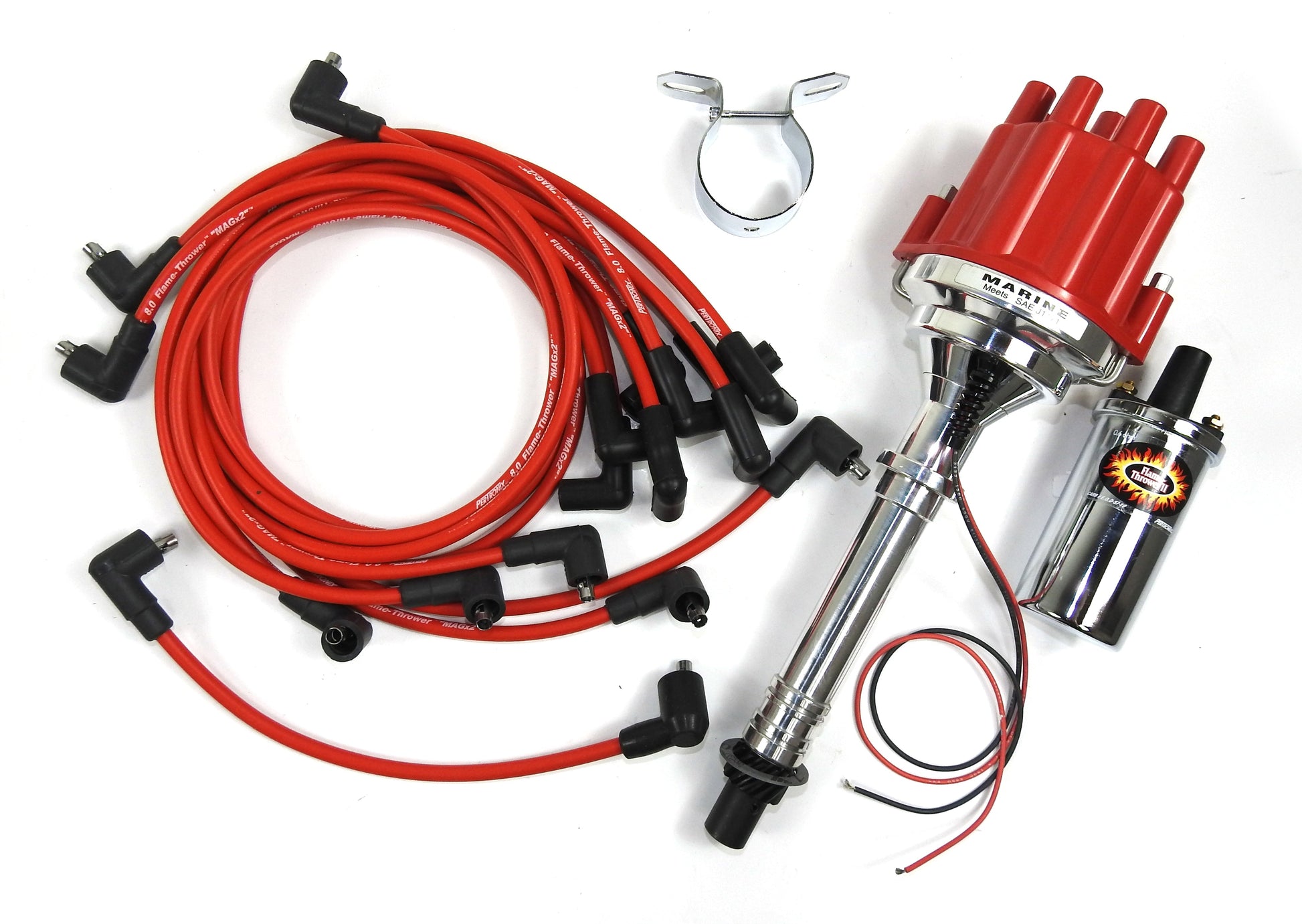 Pertronix Bundle501 Ignition Kit includes Chevy SB/BB Billet Plug n Play Marine Distributor with Red Female Cap, Flame-Thrower II Chrome Coil, Chrome Coil Bracket, Flame-Thrower Marine MAGx2 Universal Red Spark Plug Wires with 90 degree plug boot ends