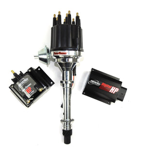 Pertronix BundleHP01 Ignition Kit consists of Digital HP Ignition Box Black, Chevy SB/BB Mag Trigger Billet Distributor Black Male Cap, HP E-core 50,000 volt .02 Ohms Coil