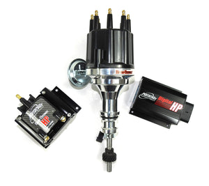 Pertronix BundleHP05 Ignition Kit consists of Digital HP Ignition Box Black, Ford 351W Mag Trigger Billet Distributor Black Male Cap, HP E-core 50,000 volt .02 Ohms Coil