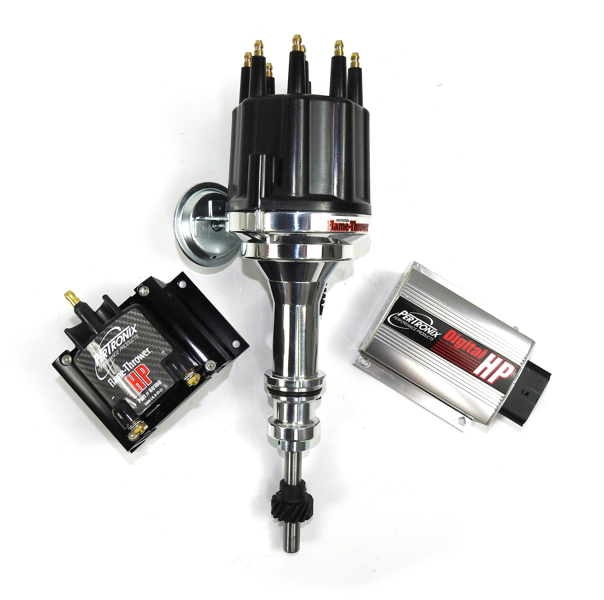 Pertronix BundleHP06 Ignition Kit consists of Digital HP Ignition Box Silver, Ford 351W Mag Trigger Billet Distributor Black Male Cap, HP E-core 50,000 volt .02 Ohms Coil