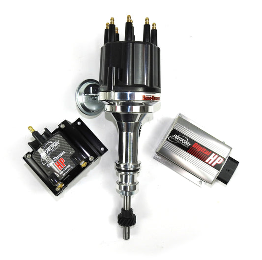 Pertronix BundleHP06 Ignition Kit consists of Digital HP Ignition Box Silver, Ford 351W Mag Trigger Billet Distributor Black Male Cap, HP E-core 50,000 volt .02 Ohms Coil