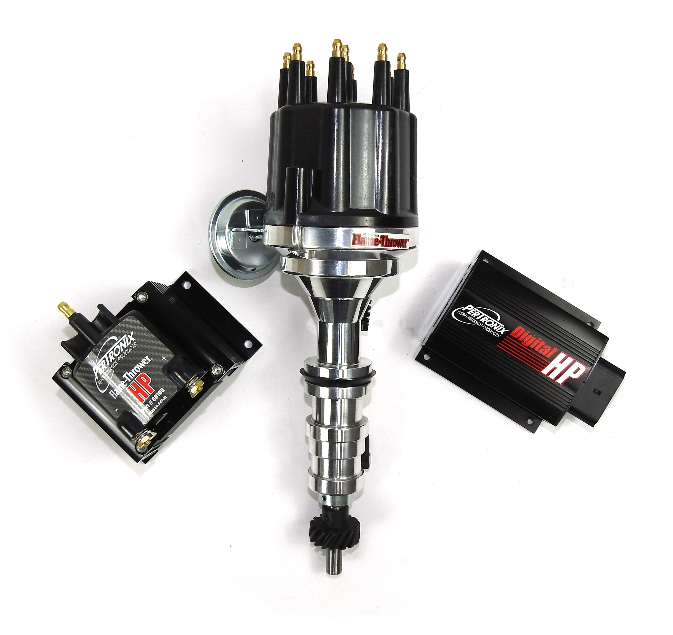 Pertronix BundleHP07 Ignition Kit consists of Digital HP Ignition Box Black, Ford FE Mag Trigger Billet Distributor Black Male Cap, HP E-core 50,000 volt .02 Ohms Coil