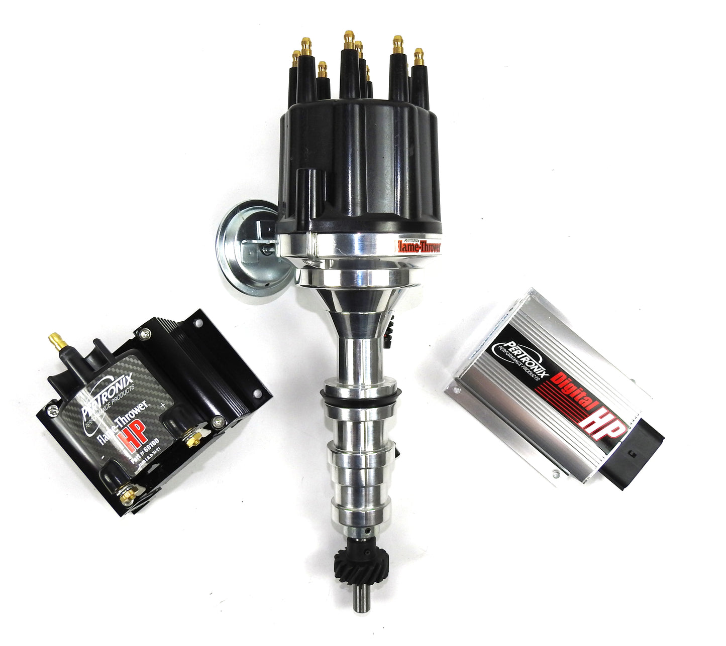 Pertronix BundleHP08 Ignition Kit consists of Digital HP Ignition Box Silver, Ford FE Mag Trigger Billet Distributor Black Male Cap, HP E-core 50,000 volt .02 Ohms Coil