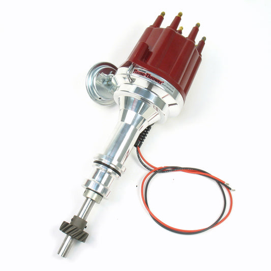 PerTronix D7132711 Flame-Thrower Electronic Distributor Billet Ford 351C with Ignitor III Vacuum Advance Red Male Cap