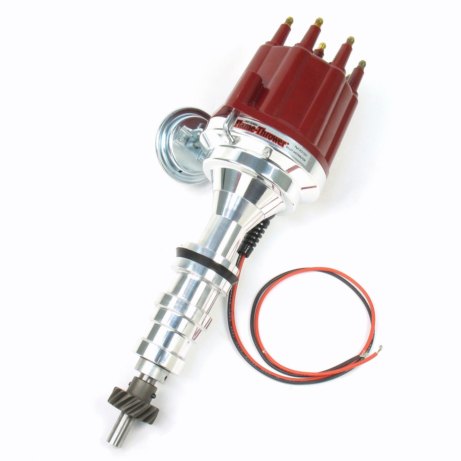 PerTronix D7133711 Flame-Thrower Electronic Distributor Billet Ford FE 352-428 with Ignitor III Vacuum Advance Red Male Cap