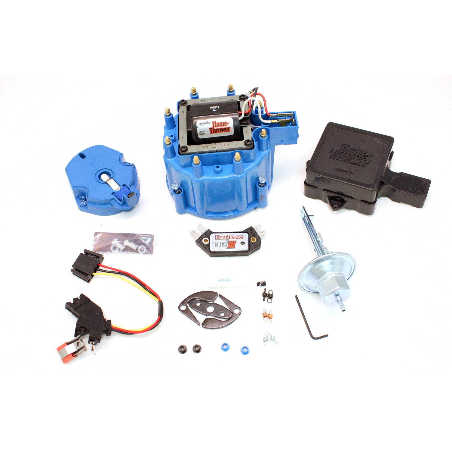 PerTronix D78012 Flame-Thrower GM HEI III Tune Up Buick/Oldsmobile/Pontiac/Corvette Kit Blue Cap with multiple sparks and an adjustable digital rev limiter